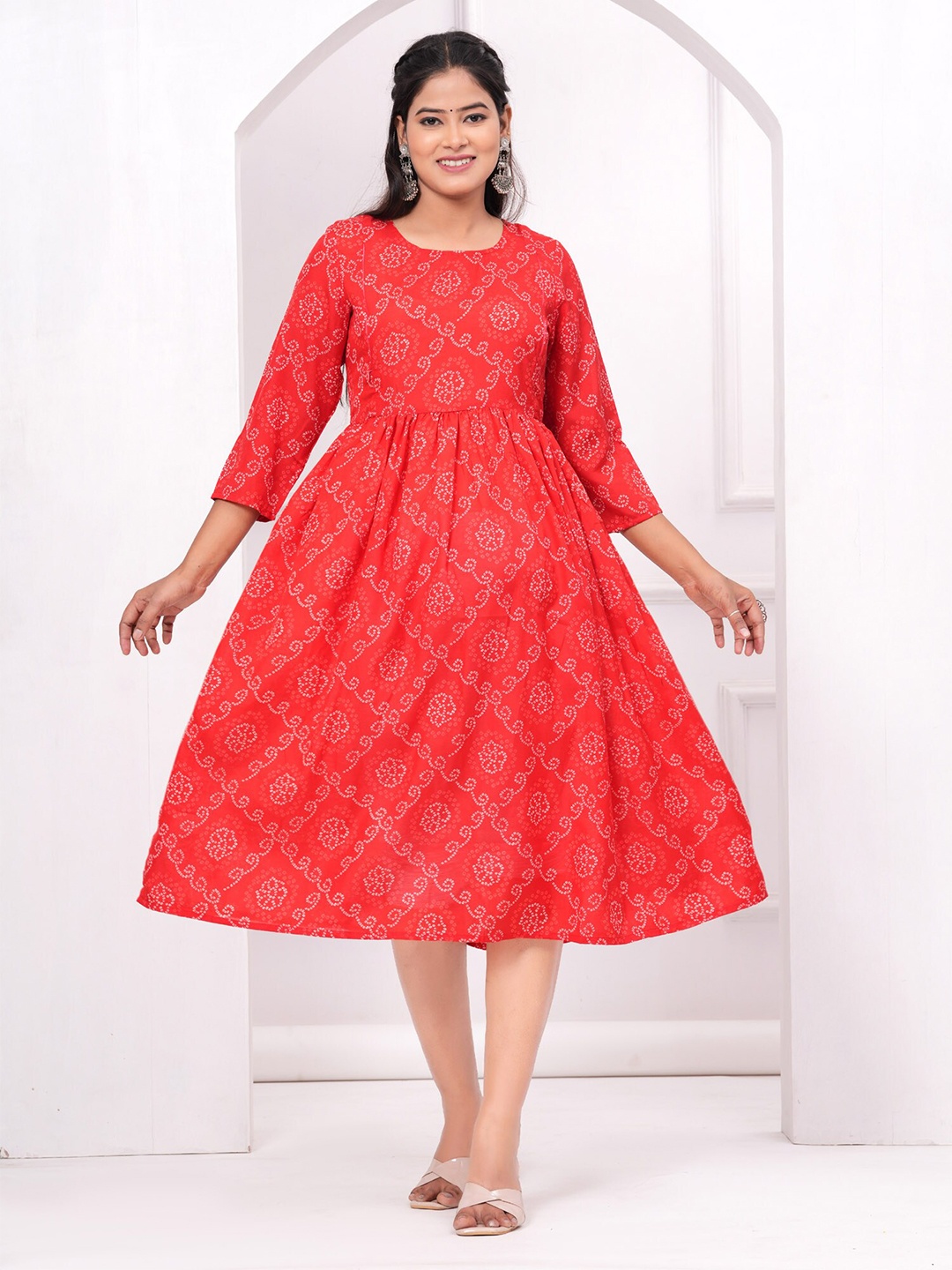 

BAESD Maternity Bandhani Printed A-Line Ethnic Dress, Red