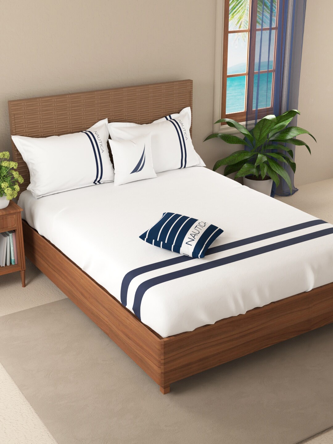 

Nautica Coastal Stripe White Cotton 500 TC Fitted King Bedsheet & 2 Pillow Covers