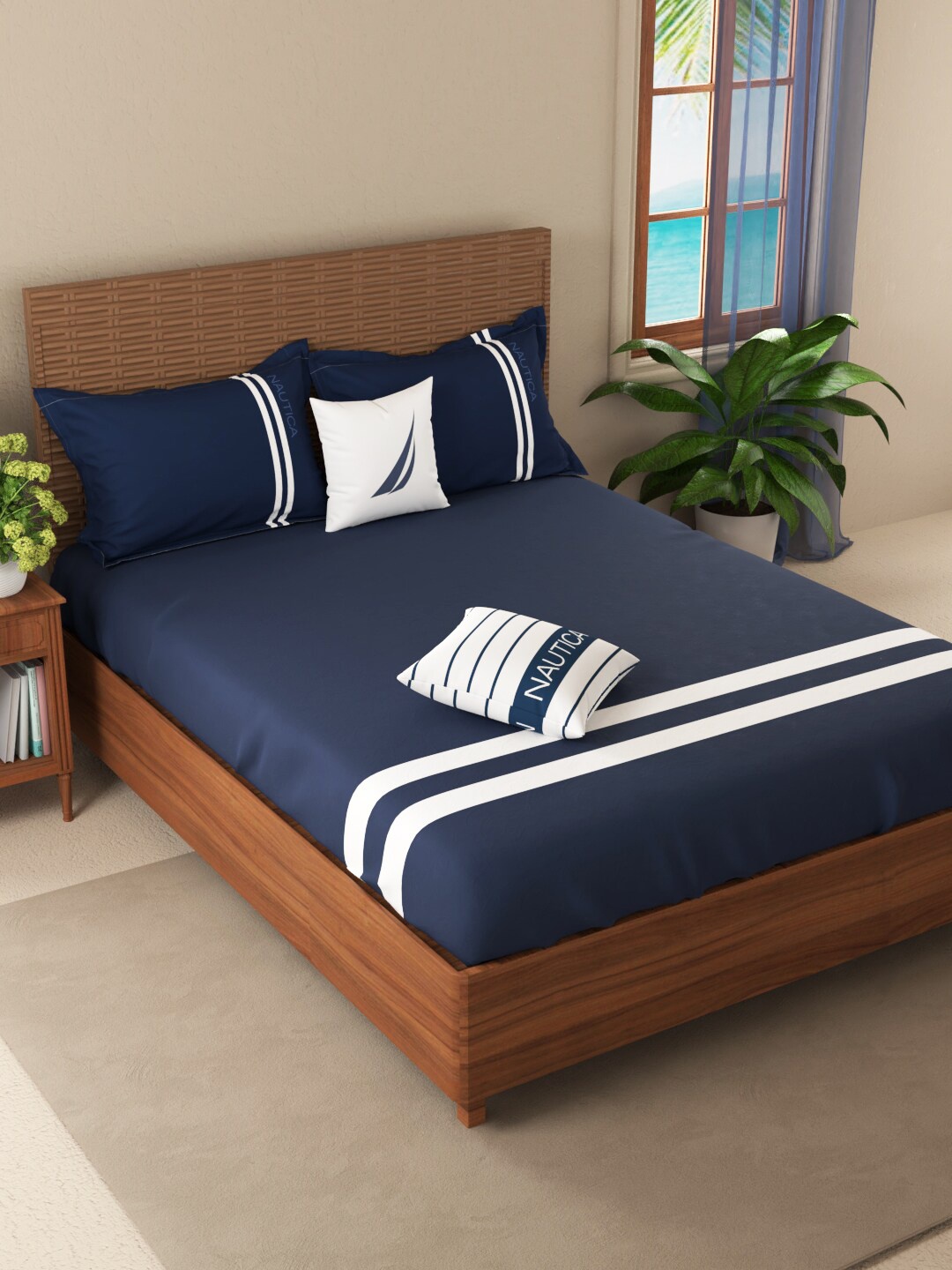 

Nautica Navy Blue Striped Satin Cotton 500 TC Fitted King Bedsheet with 2 Pillow Covers