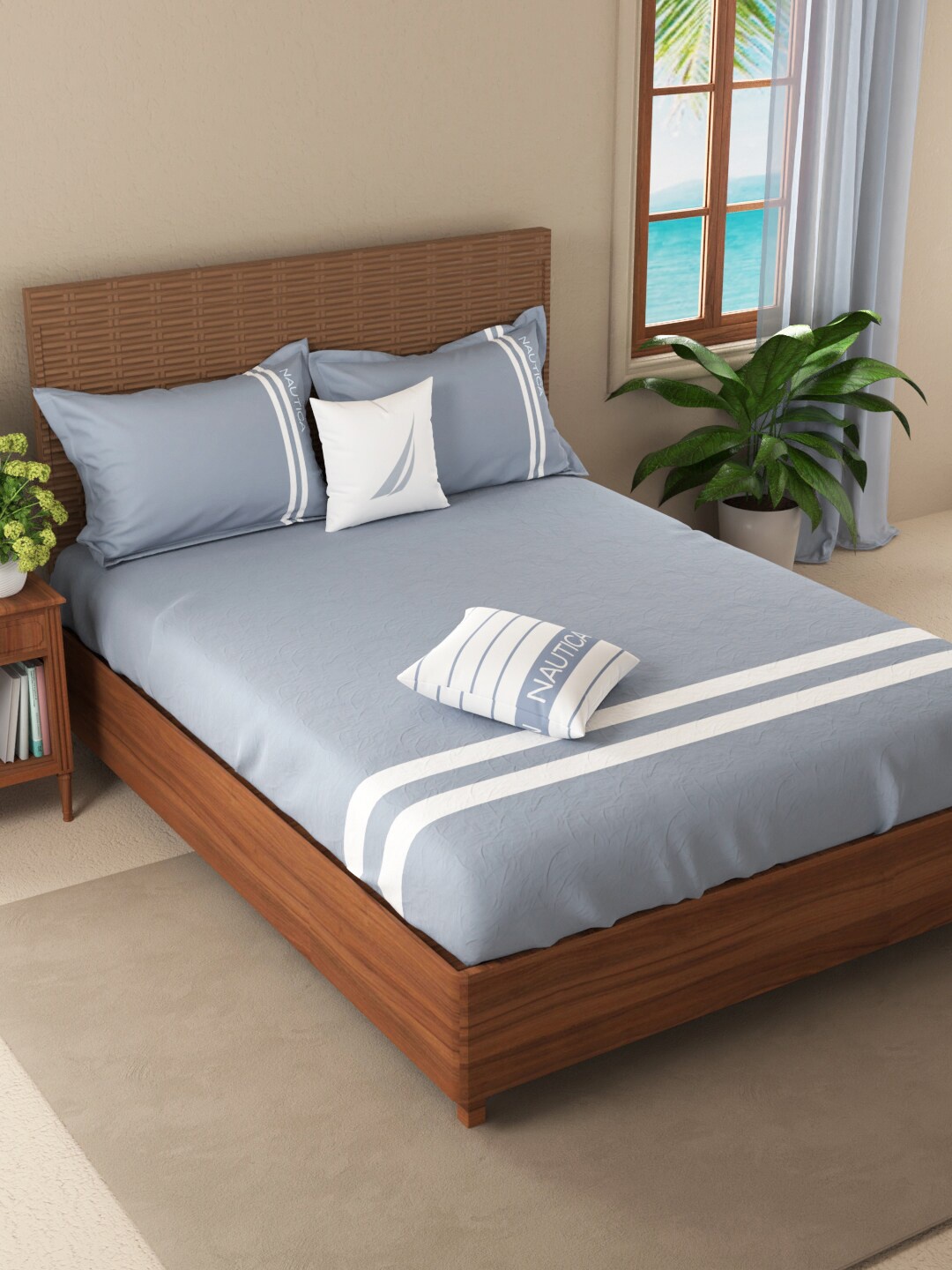 

Nautica Blue & White Striped Satin Cotton 500 TC Fitted King Bedsheet with 2 Pillow Covers