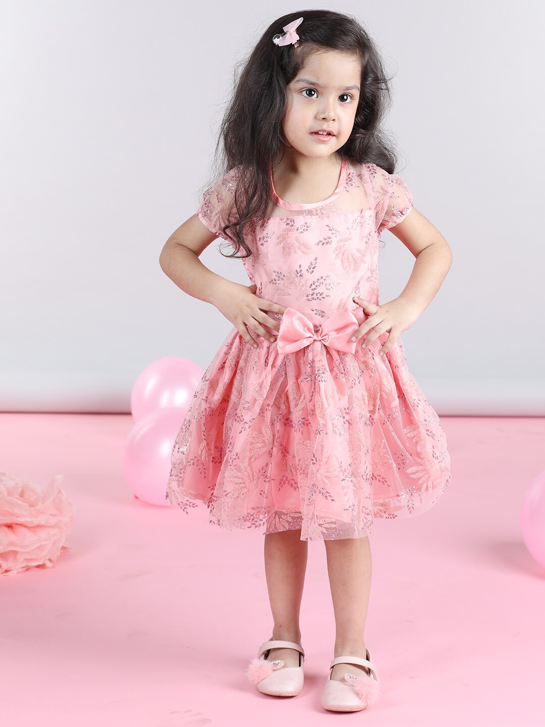 

Cutiekins Girls Embellished Puff Sleeve Net Bow Fit & Flare Dress, Peach