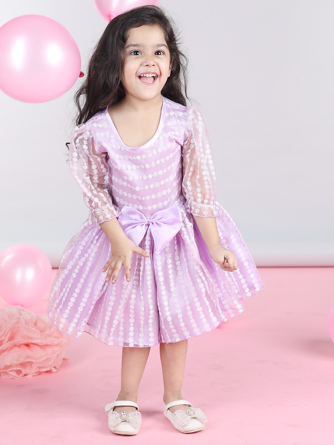 

Cutiekins Girls Floral Printed Puff Sleeves Net Bow Fit & Flare Dress, Purple