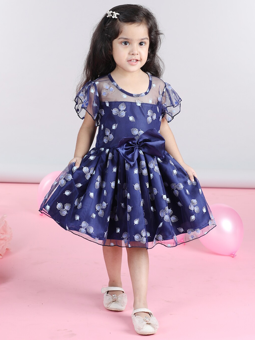 

Cutiekins Girls Ethnic Motifs Printed Flutter Sleeve Net Bow Fit & Flare Dress, Navy blue