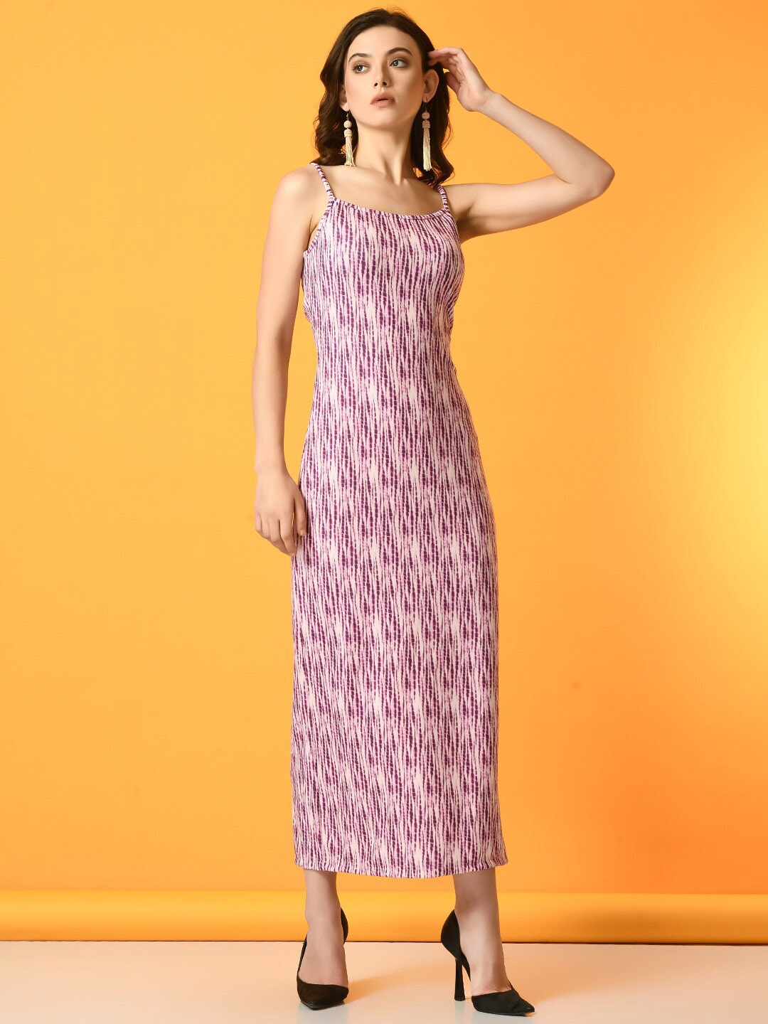

DressBerry Abstract Printed Shoulder Straps Sheath Midi Dress, Purple
