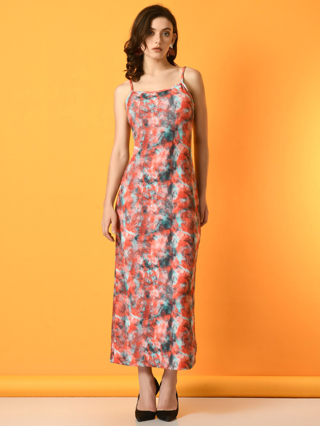 

DressBerry Orange Abstract Printed Shoulder Straps A-Line Midi Dress
