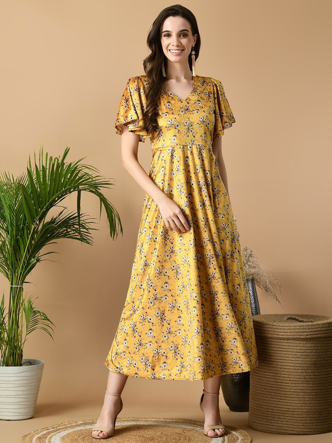 

Sangria Yellow Floral Printed Velvet Dresses