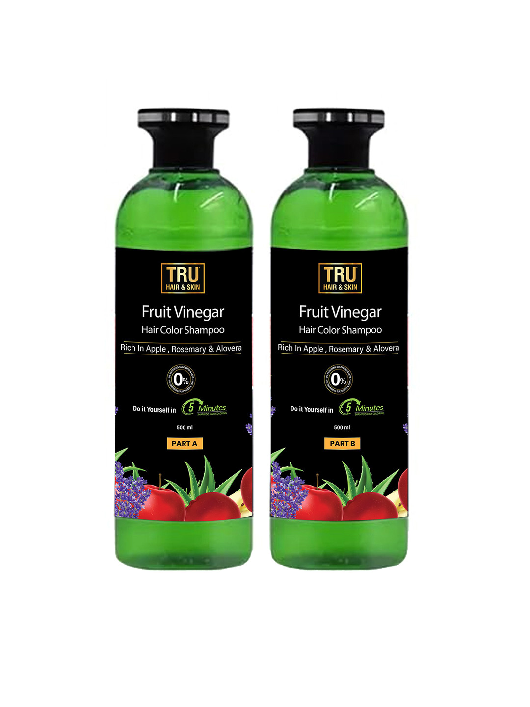 

TRU HAIR & SKIN Set Of 2 Fruit Vinegar Hair Color Shampoo Part A & B - 500ml Each, Black