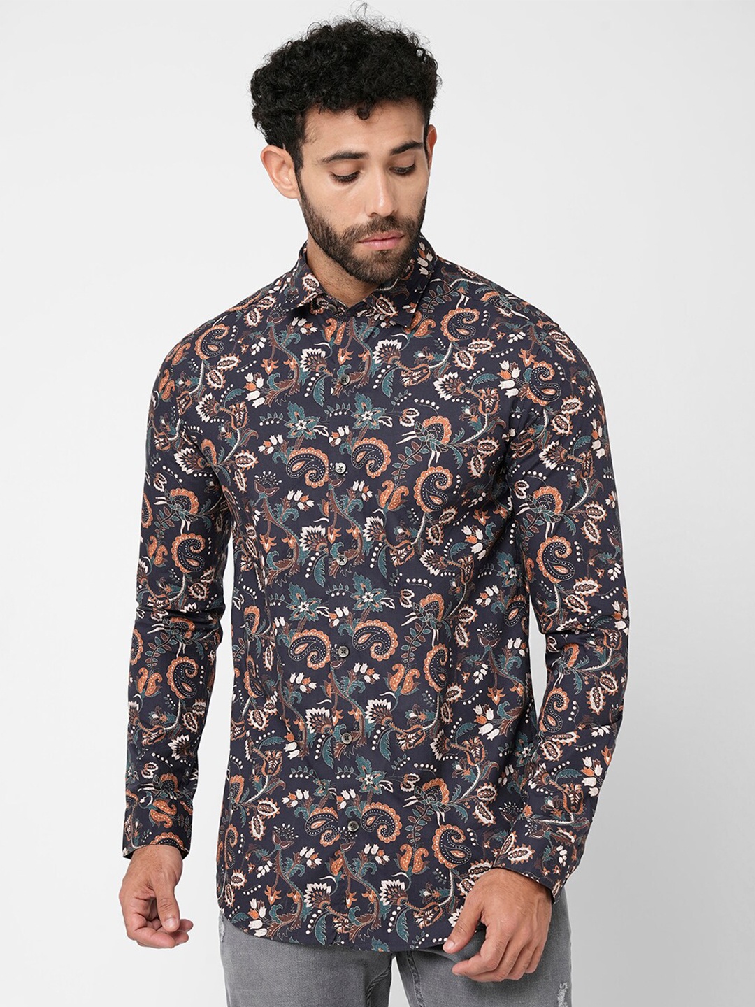 

Blue Buddha Ethnic Motifs Printed Cotton Casual Shirt, Navy blue