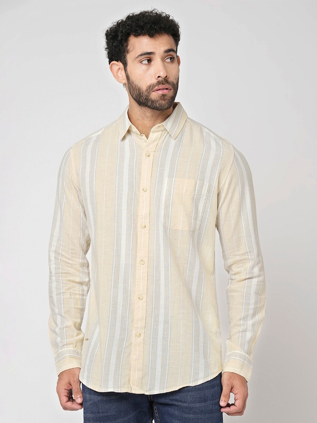 

Blue Buddha Vertical Stripes Cotton Casual Shirt, Yellow