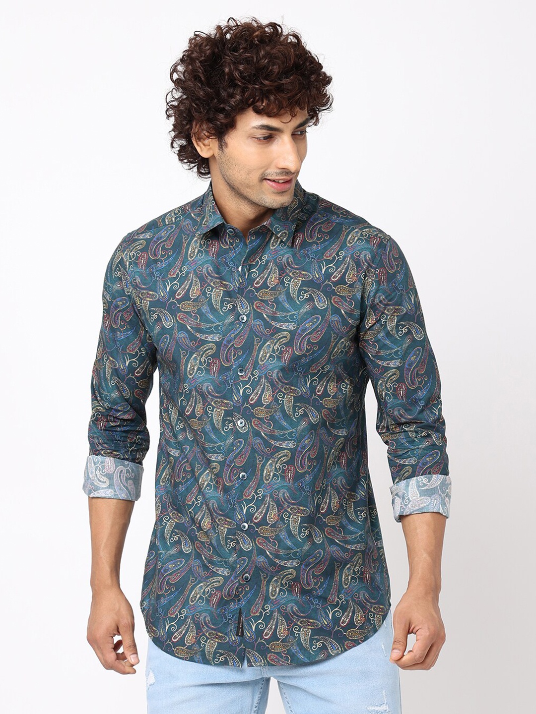 

Blue Buddha Ethnic Motifs Printed Cotton Casual Shirt, Green
