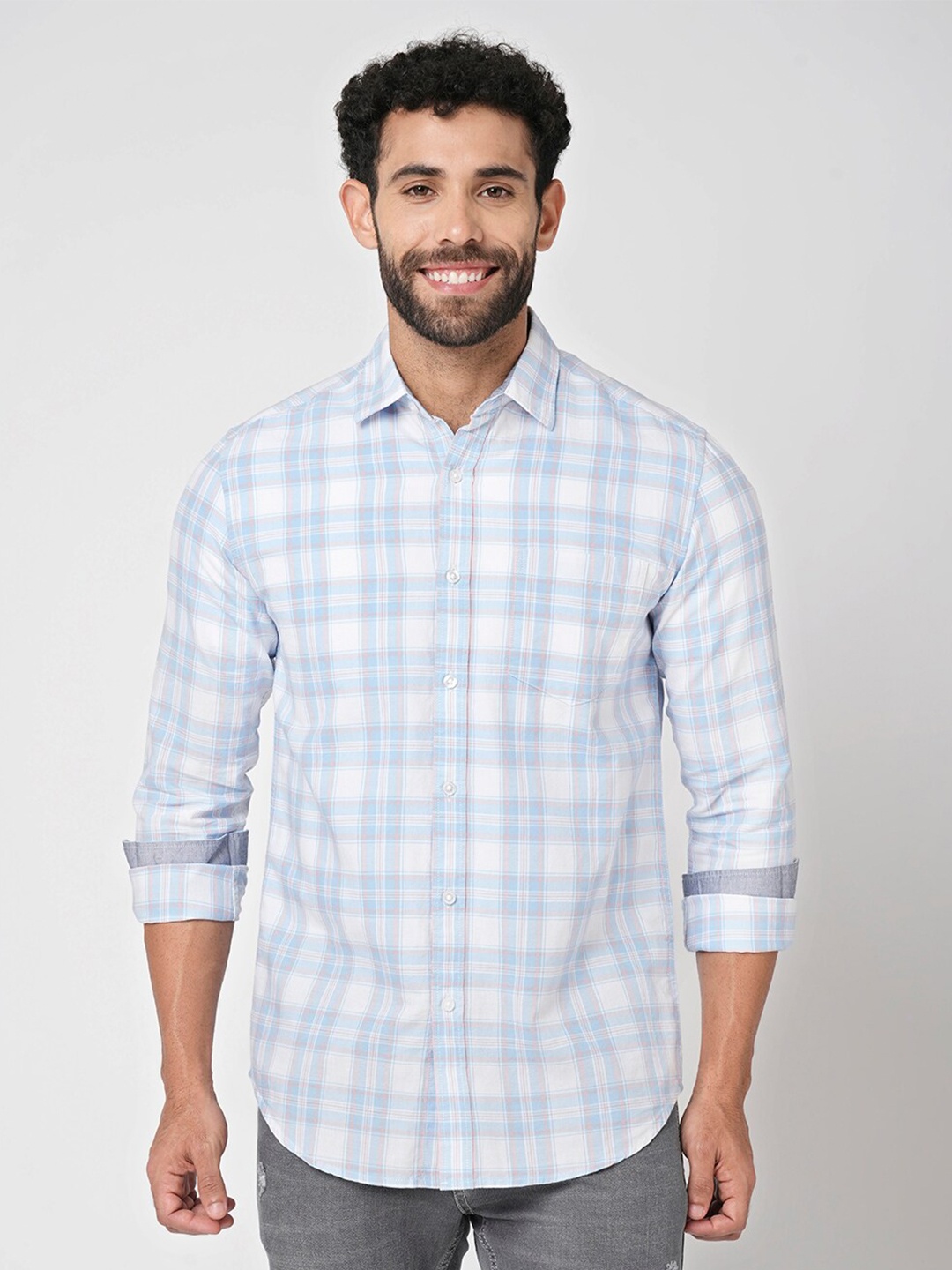 

Blue Buddha Spread Collar Checked Cotton Shirt