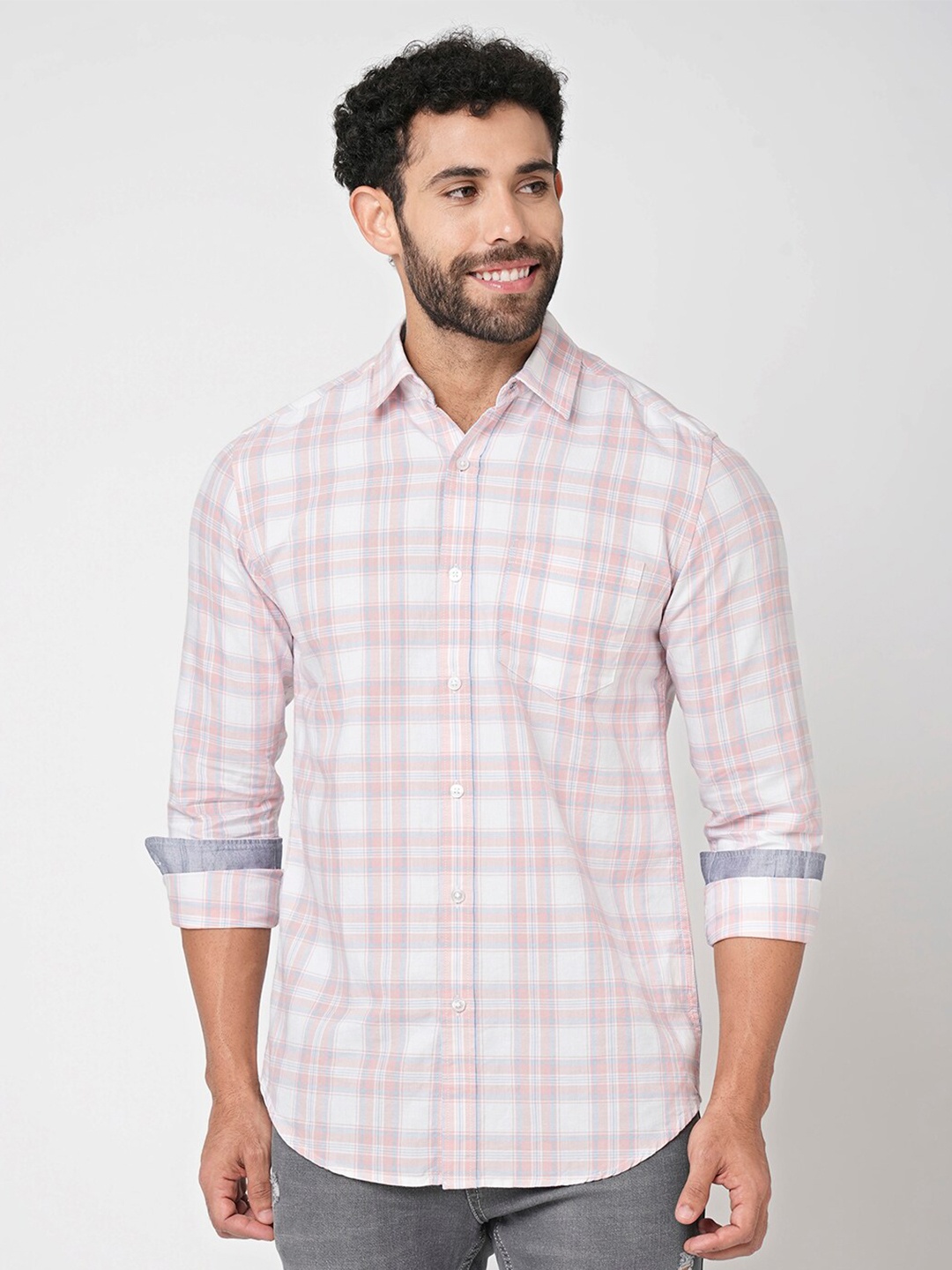 

Blue Buddha Spread Collar Checked Cotton Shirt, White