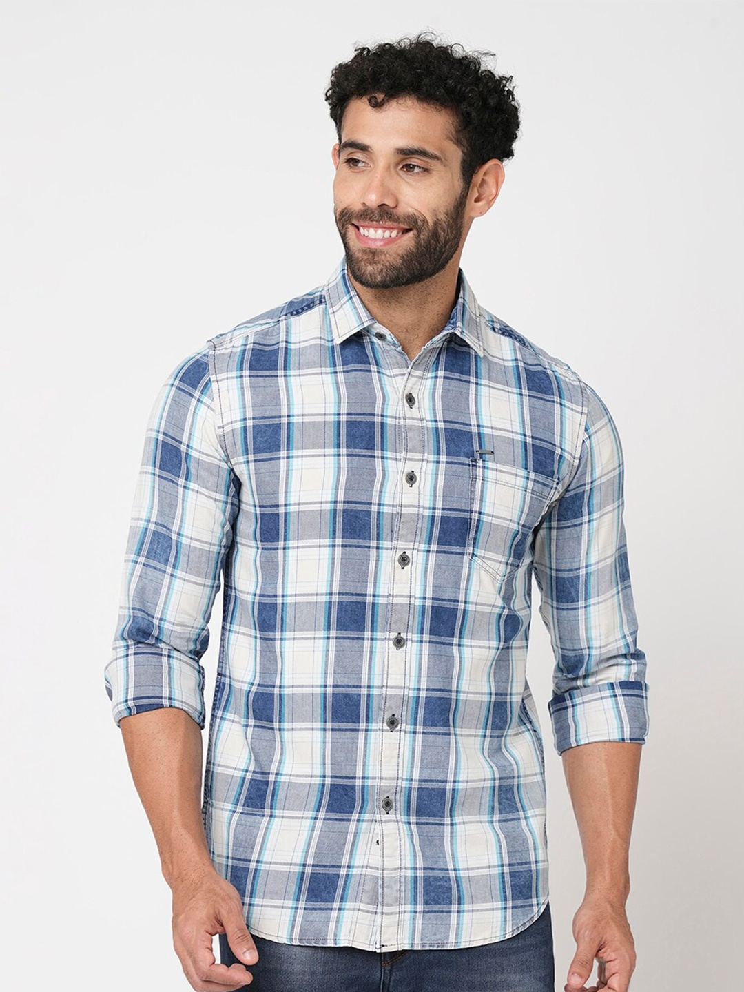 

Blue Buddha Tartan Checked Spread Collar Cotton Casual Shirt, White