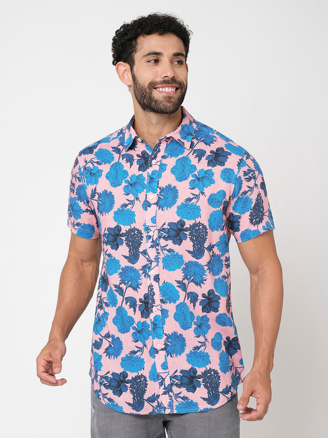 

Blue Buddha Spread Collar Floral Printed Cotton Shirt, Pink