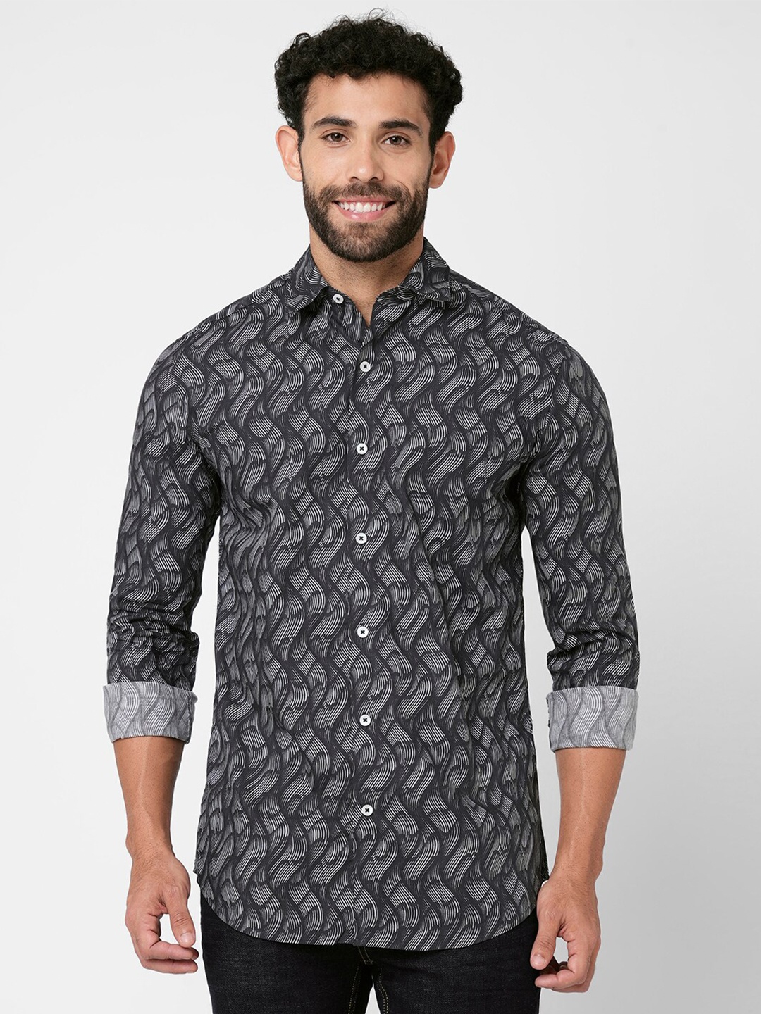 

Blue Buddha Abstract Printed Spread Collar Cotton Casual Shirt, Black