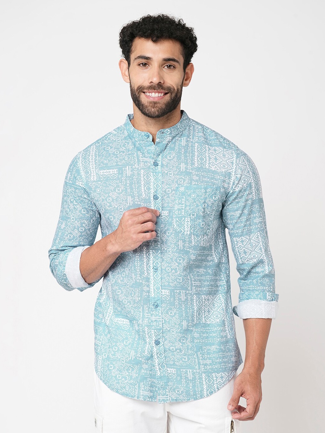 

Blue Buddha Abstract Printed Band Collar Cotton Casual Shirt, Turquoise blue