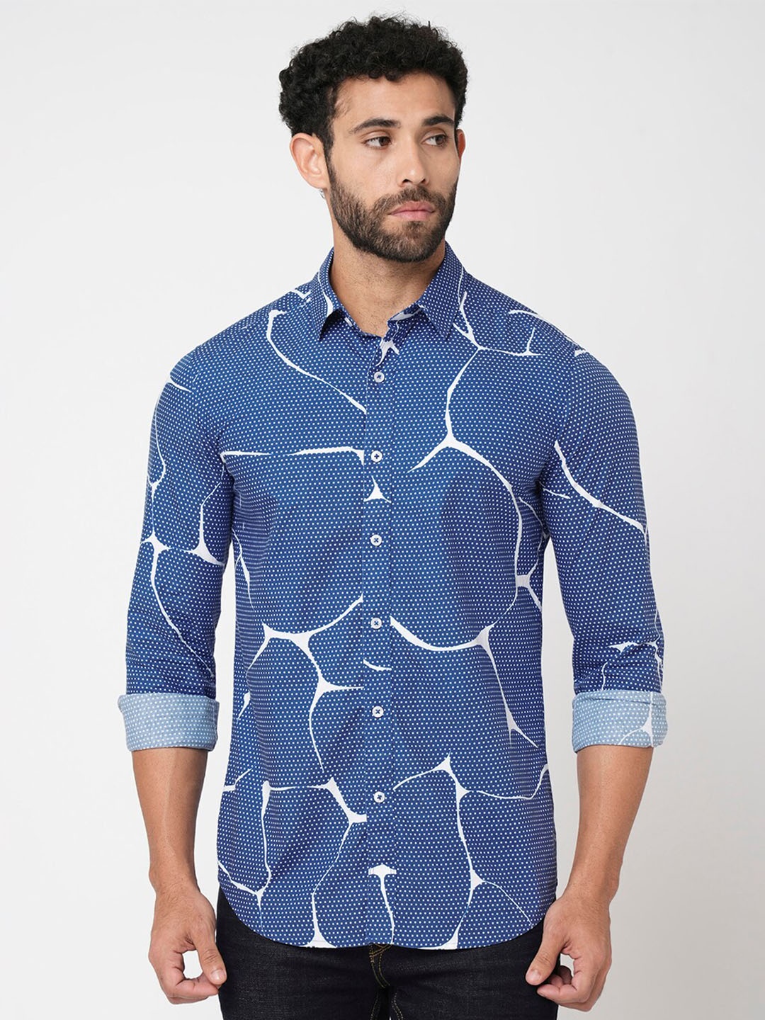 

Blue Buddha Spread Collar Abstract Printed Cotton Shirt