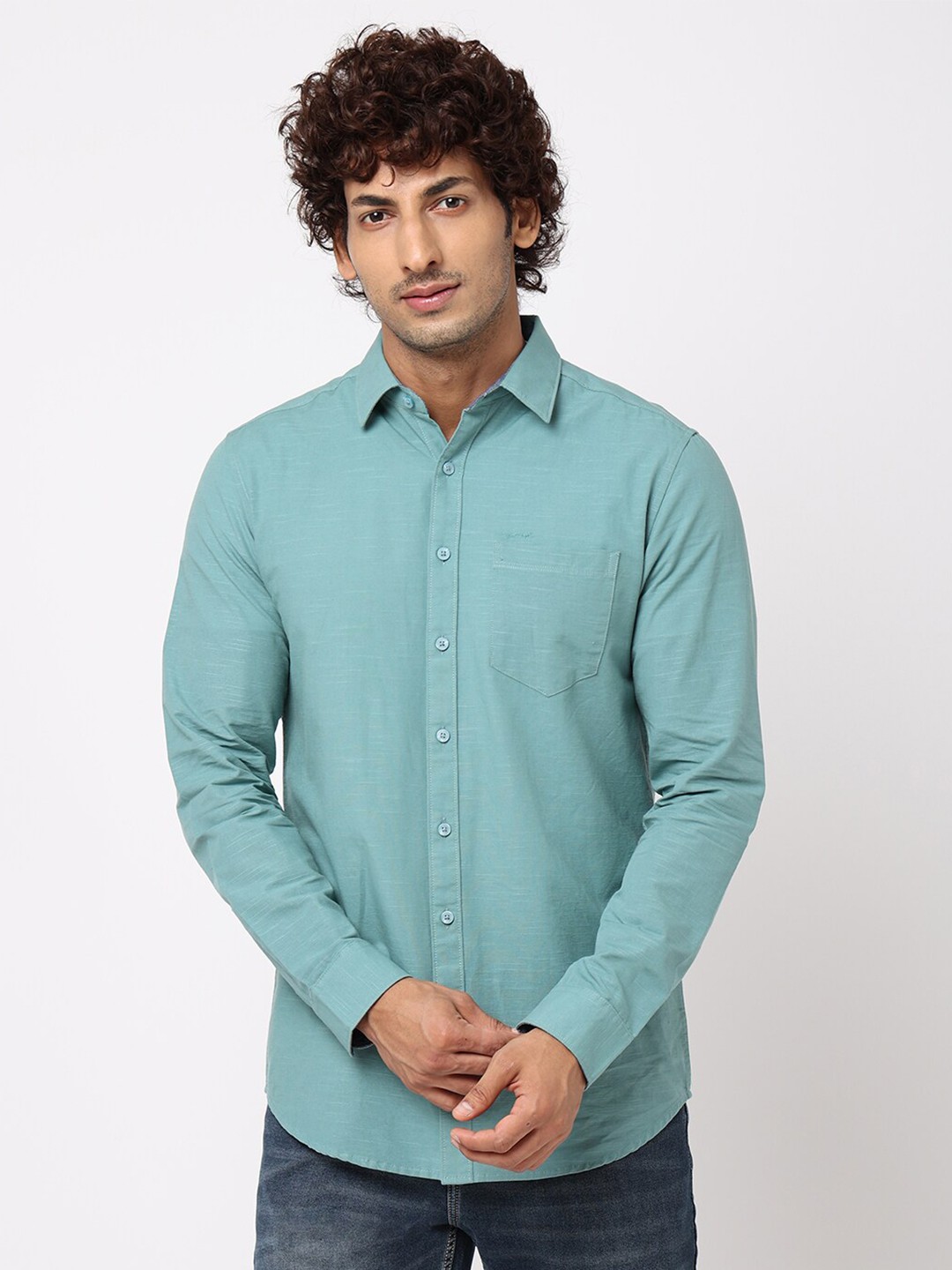 

Blue Buddha Spread Collar Cotton Casual Shirt, Teal