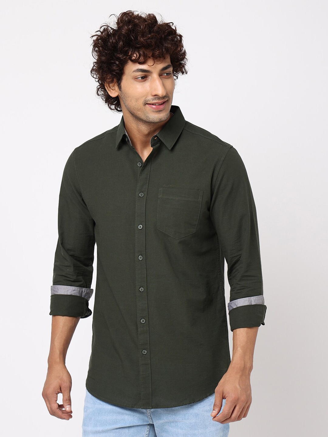 

Blue Buddha Spread Collar Long Sleeves Cotton Shirt, Olive