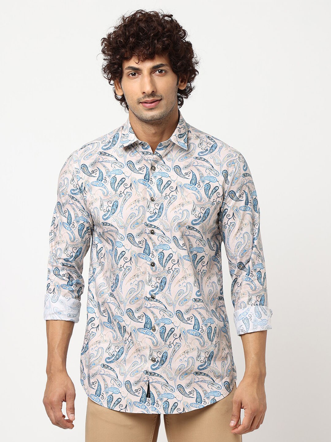 

Blue Buddha Spread Collar Ethnic Motifs Printed Cotton Shirt, Cream