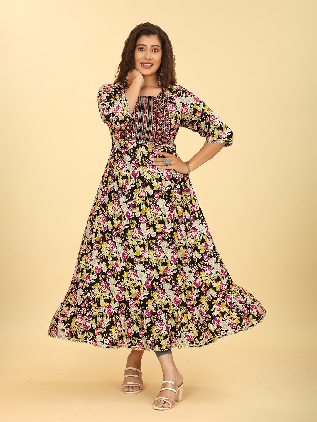 

Angeline Floral Printed Sequinned Cotton Anarkali Kurta, Beige