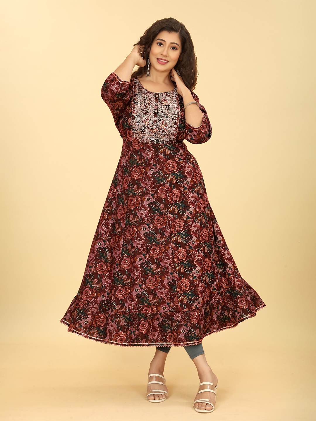

Angeline Floral Printed Sequinned Pure Cotton Anarkali Kurta, Maroon