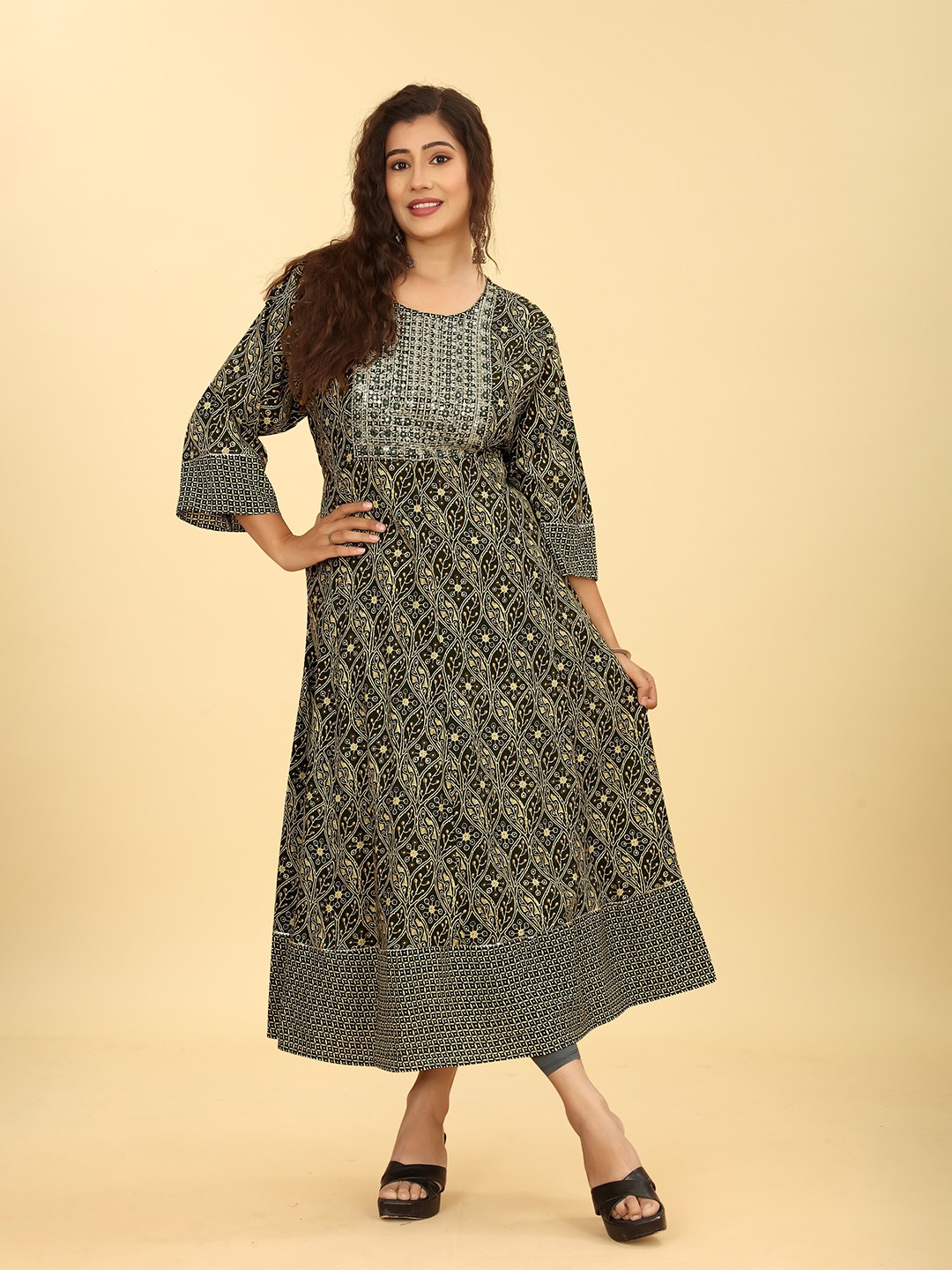 

Angeline Ethnic Motifs Printed Mirror Work Cotton Anarkali Kurta, Black