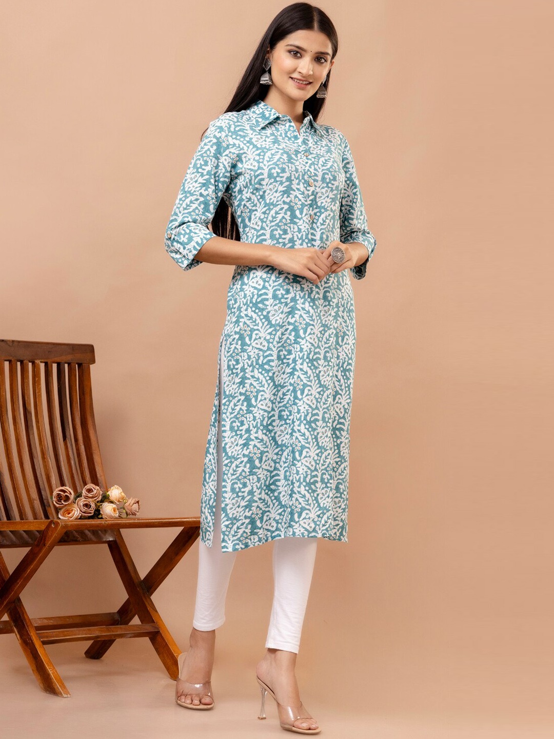 

KALINI Ethnic Motifs Printed Shirt Collar Straight Kurta, Turquoise blue