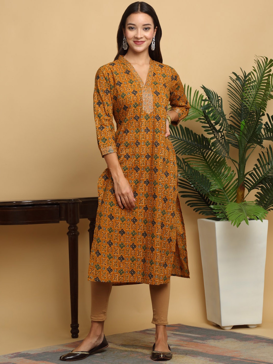 

KALINI Ethnic Motifs Printed V-Neck Cotton Straight Kurta, Mustard