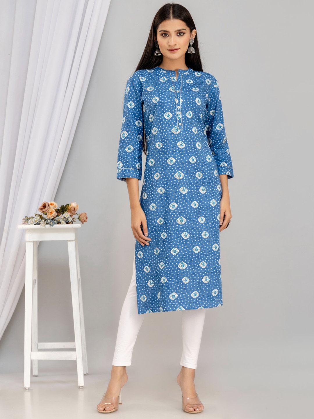 

KALINI Ethnic Motifs Printed Mandarin Collar Straight Kurta, Blue