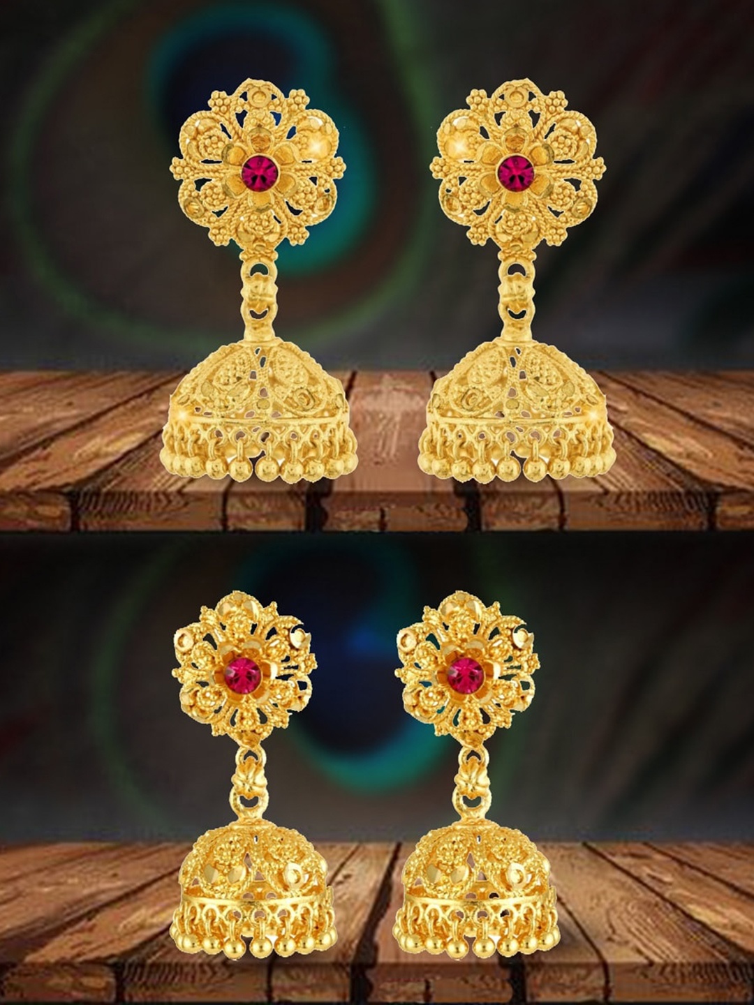

Vighnaharta Set Of 2 Gold-Plated Floral Jhumkas
