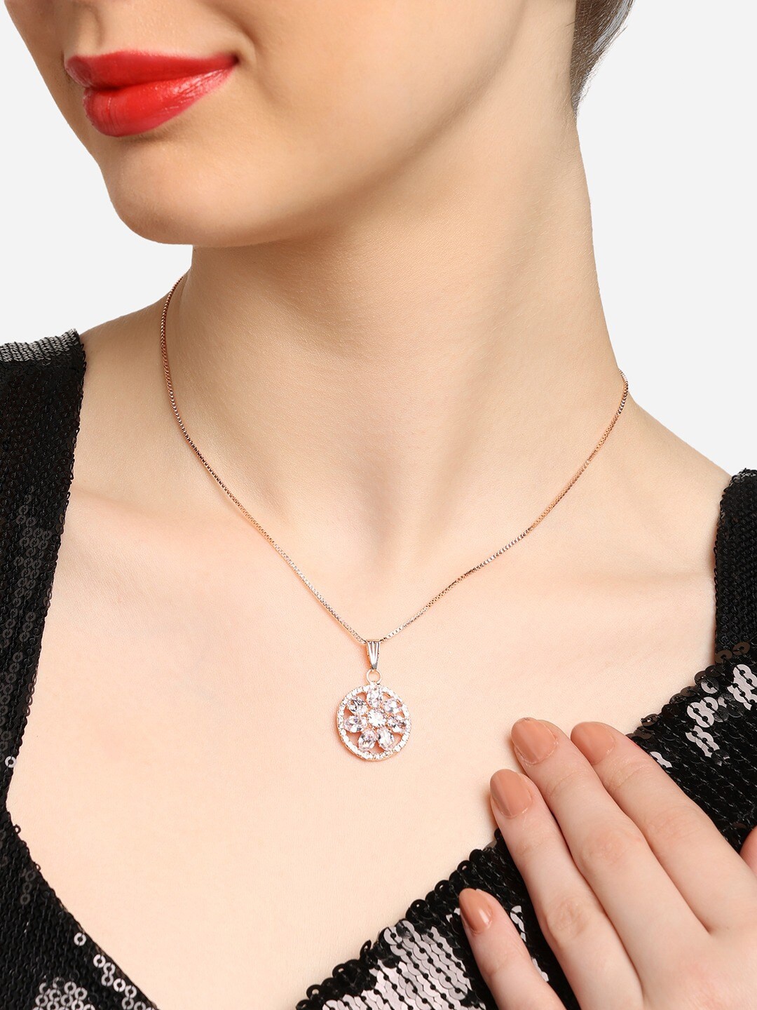 

Zaveri Pearls Rose Gold-Plated Cubic Zirconia-Studded Pendant With Chain