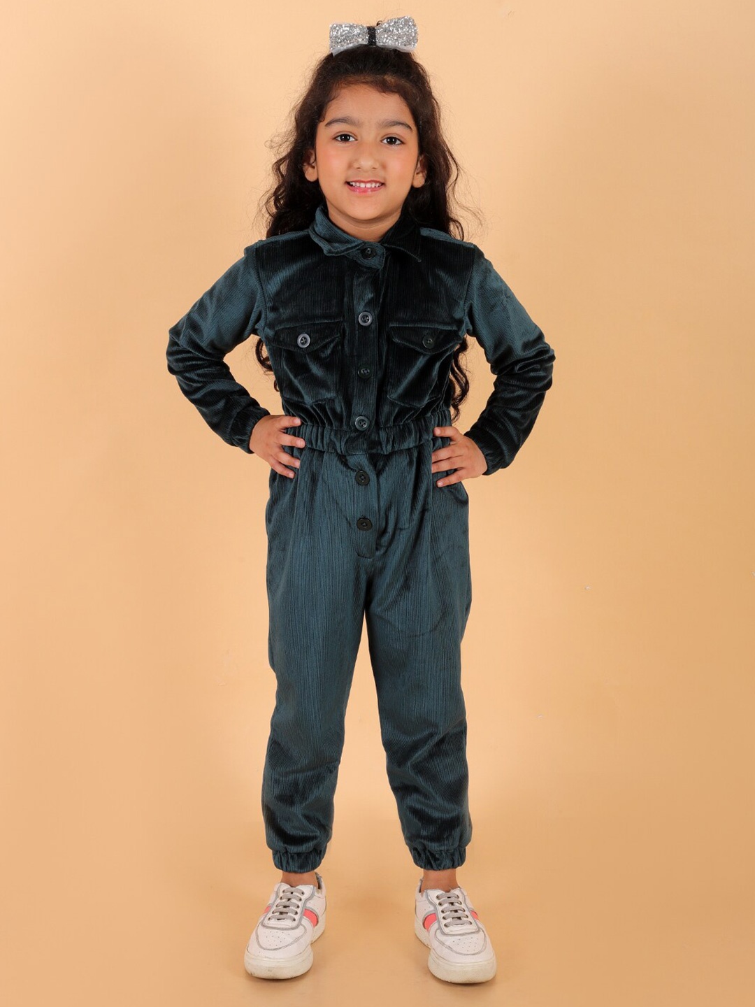 

Stuffie Land Girls Shirt Collar Gathers Party Basic Jumpsuit, Green