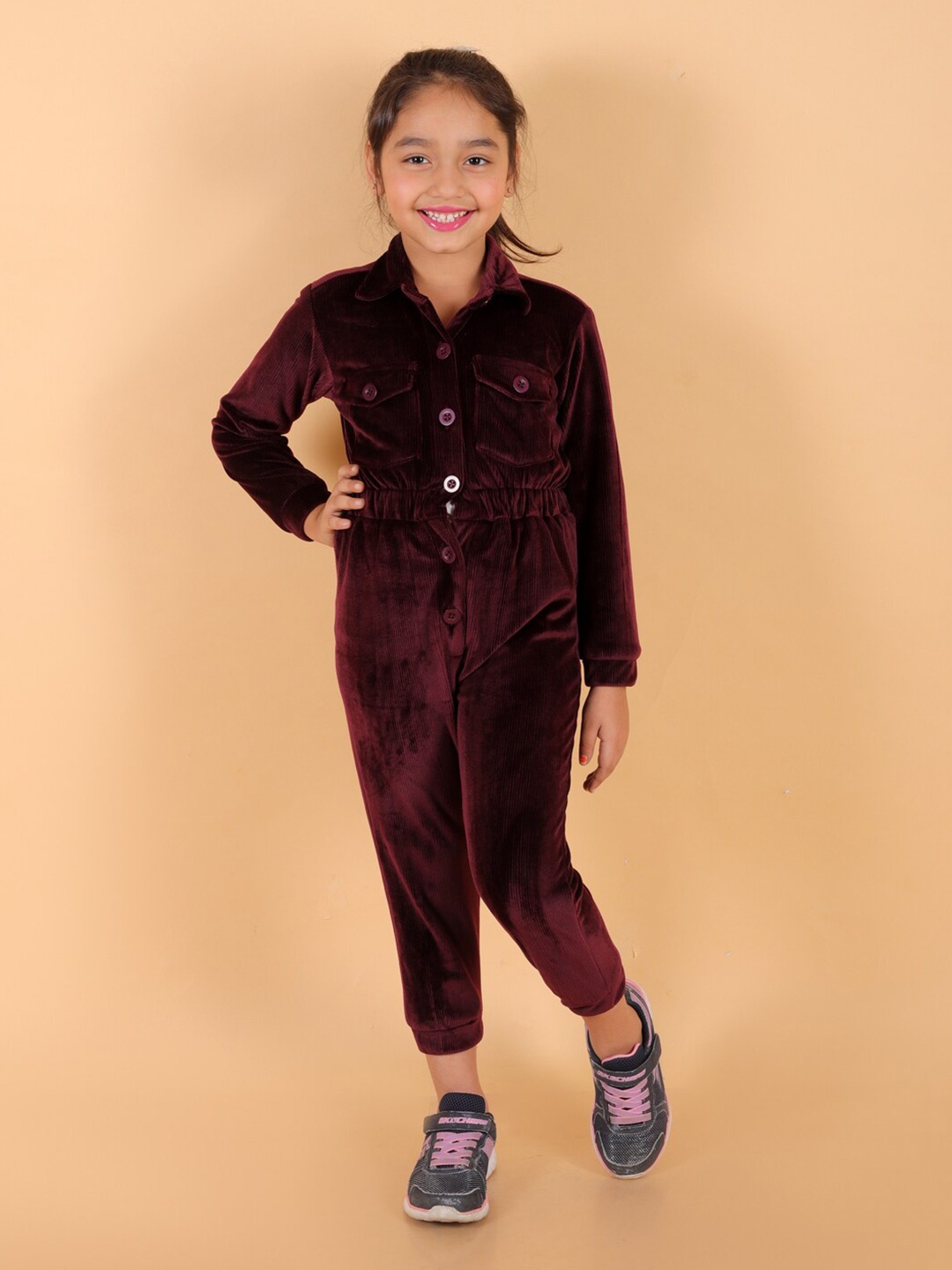 

Stuffie Land Girls Shirt Collar Gathers Party Basic Jumpsuit, Burgundy