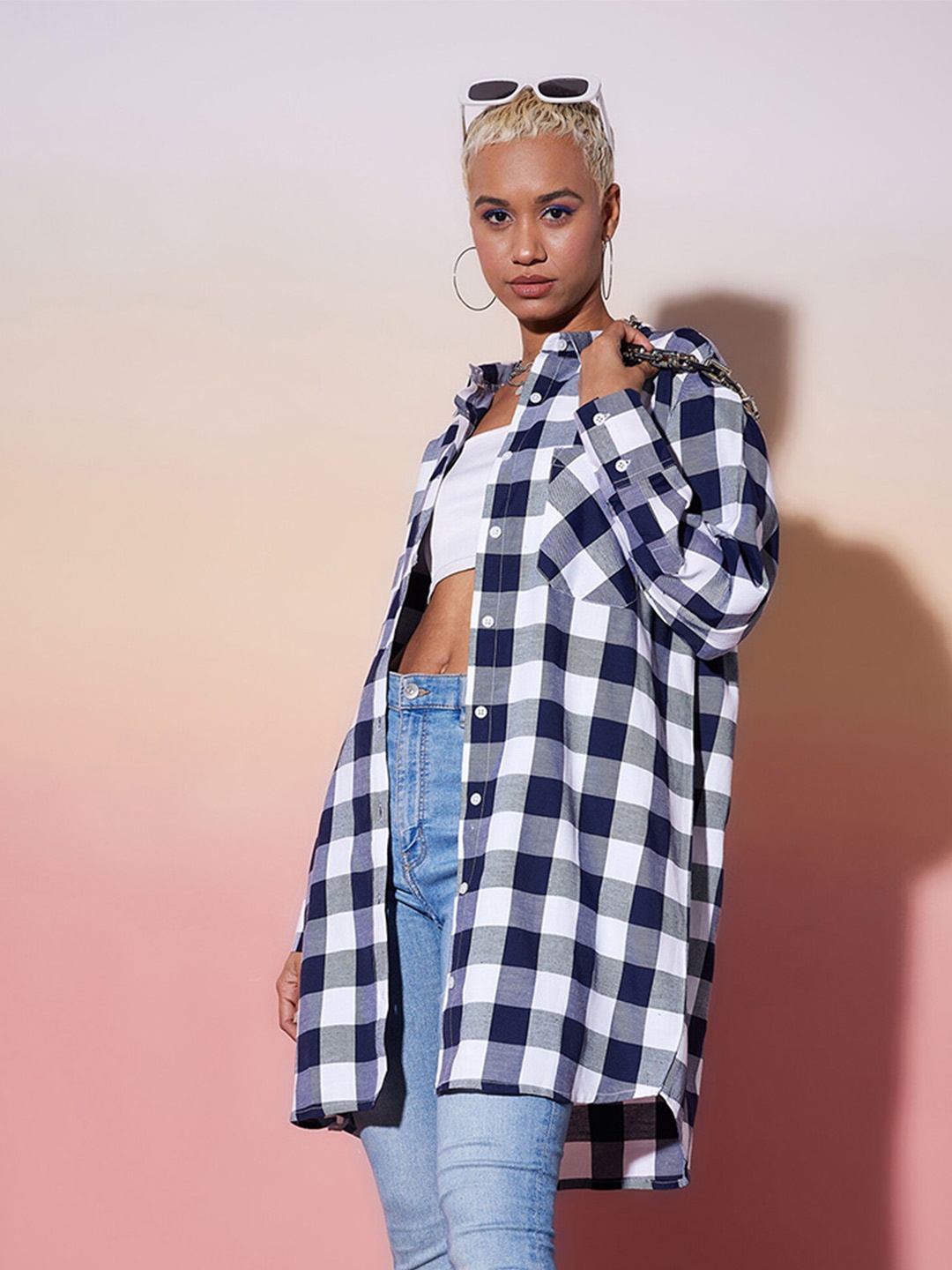 

SASSAFRAS alt-laze Comfort Buffalo Checks Cotton Longline Casual Shirt, White