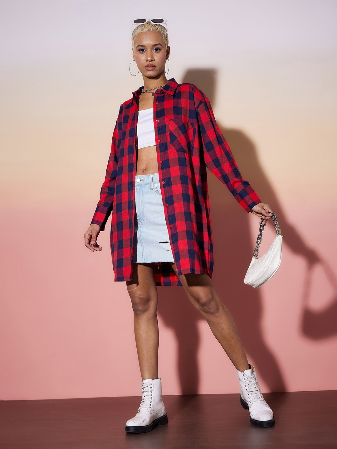 

SASSAFRAS alt-laze Comfort Buffalo Checks Cotton Longline Casual Shirt, Red
