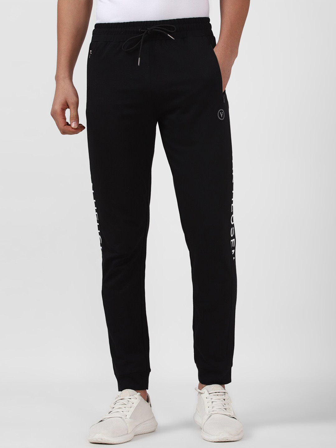 

Van Heusen Flex Men Typography Printed Mid-Rise Slim-Fit Joggers, Black