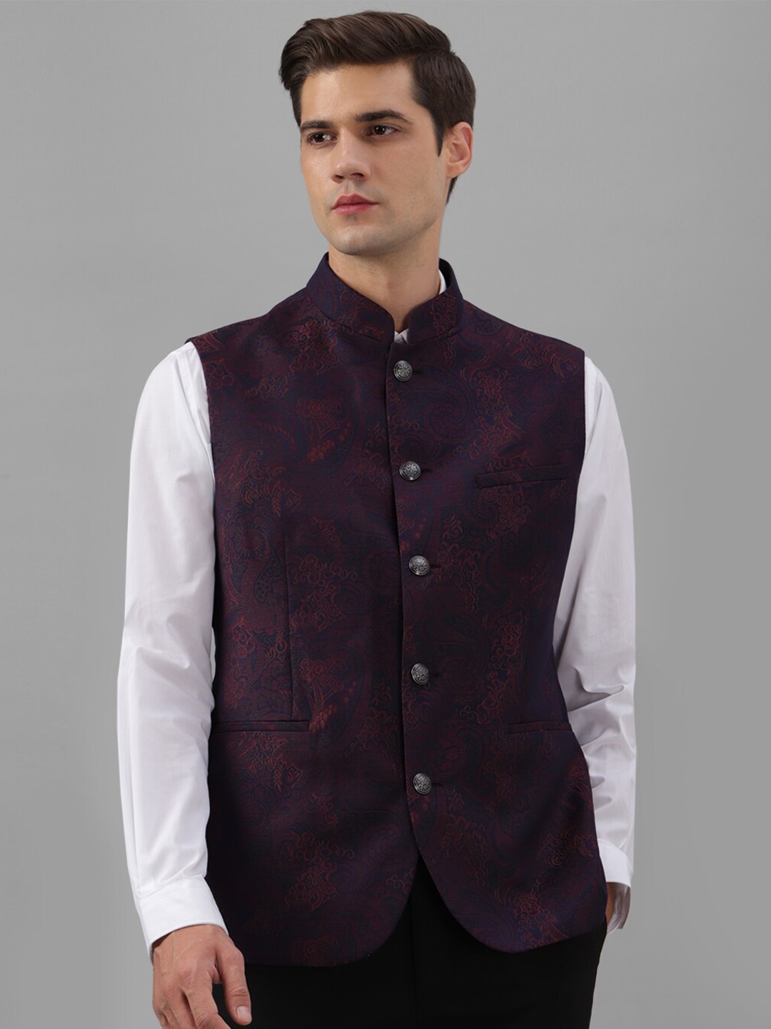 

Allen Solly Woven-Design Mandarin Collar Nehru Jacket, Purple