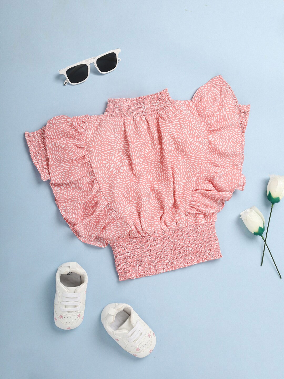 

V-Mart Girls Floral Printed High Neck Flutter Sleeve Smocked Cotton Top, Pink