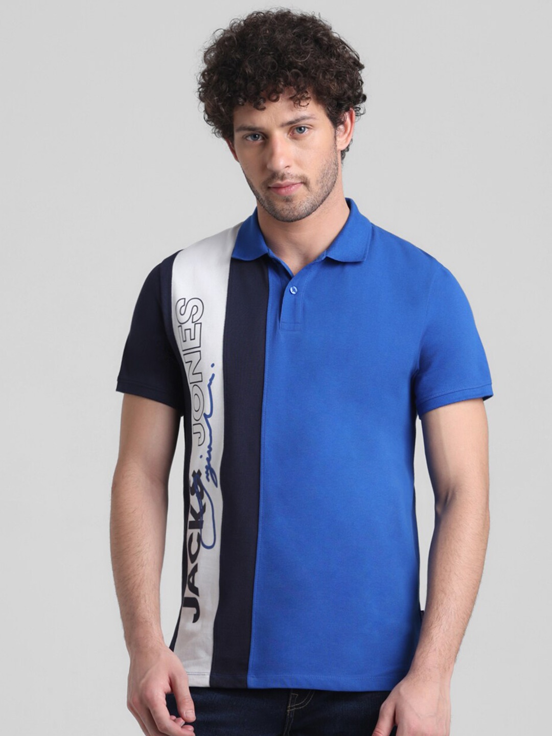

Jack & Jones Colourblocked Cotton Polo Collar Slim Fit T-shirt, Blue