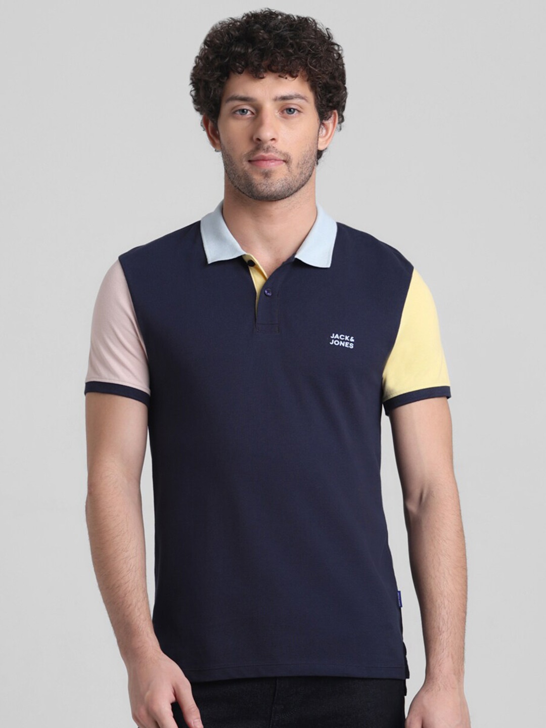 

Jack & Jones Colourblocked Cotton Polo Collar Slim Fit T-shirt, Navy blue