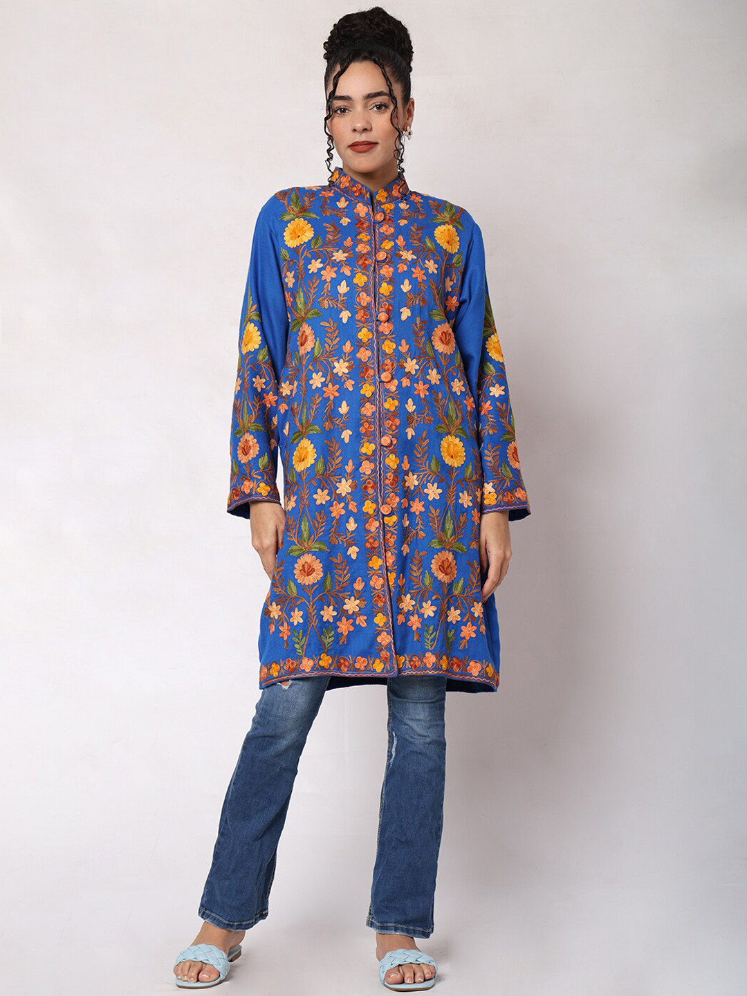 

CRAFTBAZAR Floral Embroidered Woollen Ethnic Jacket, Turquoise blue