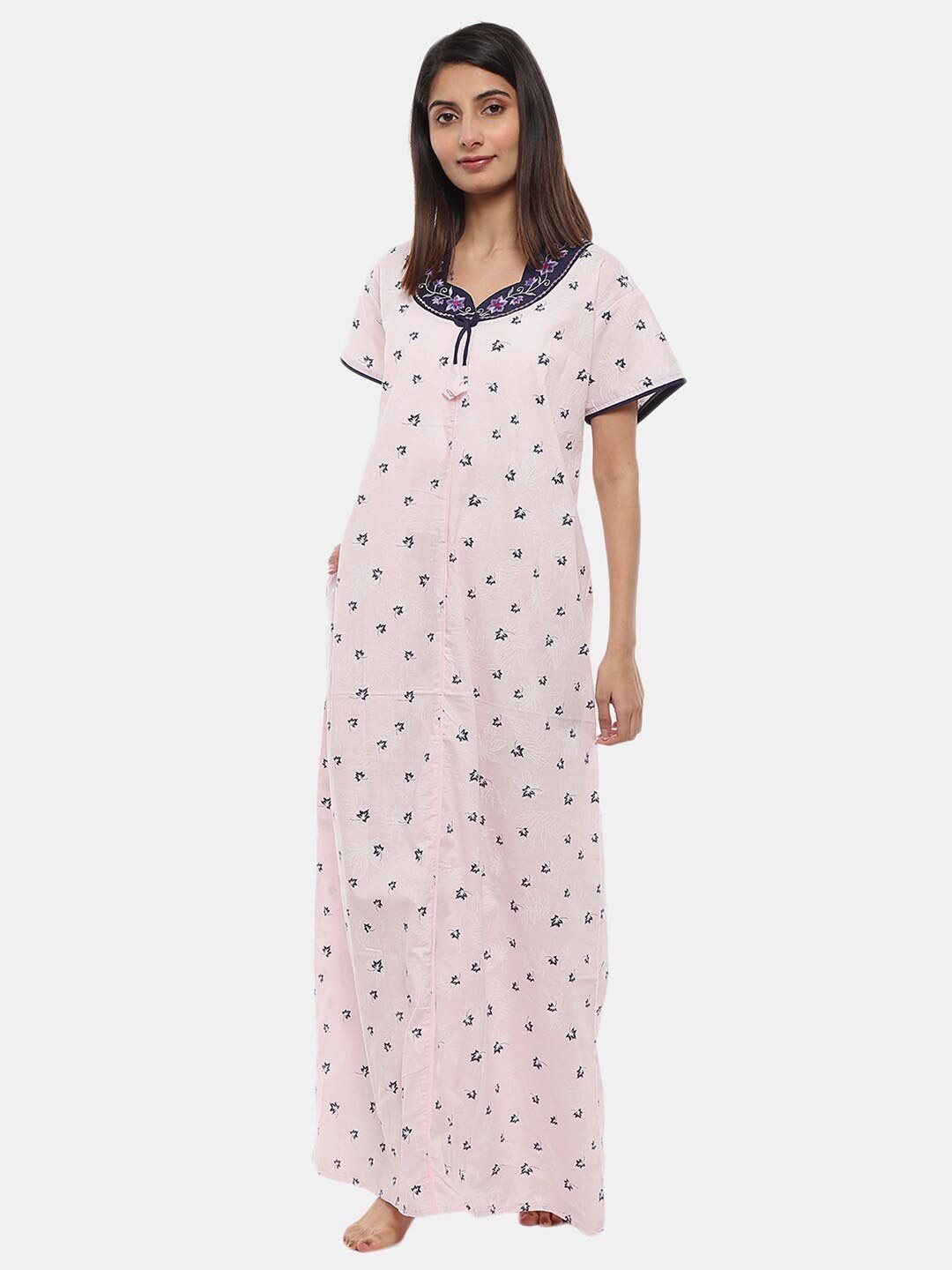 

V-Mart Floral Printed Pure Cotton Maxi Nightdress, Pink