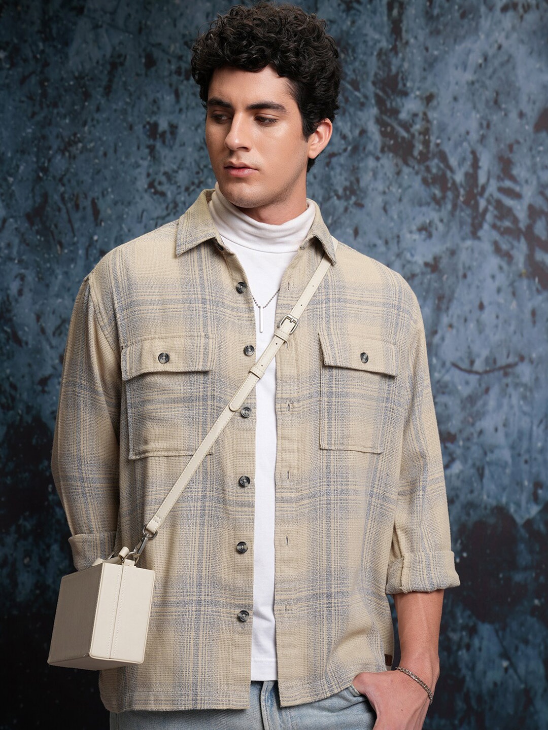 

LOCOMOTIVE Premium Grindle Mock Lino Dobby Textured Checked Utility Pocket Overshirt, Beige