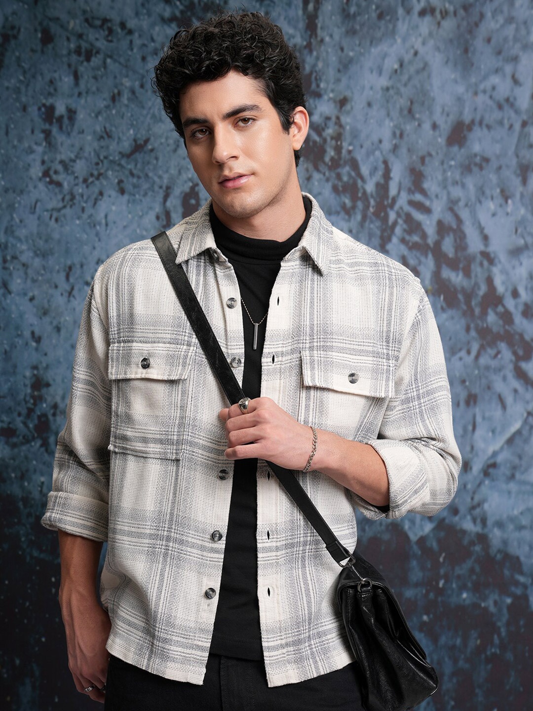

Locomotive Men Cream Grindle Mock Lino Dobby Textured Checked Utility Pocket Overshirt