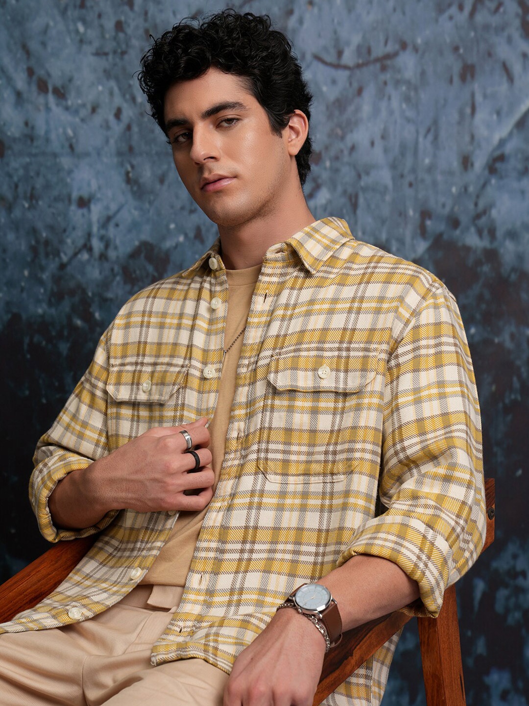 

LOCOMOTIVE Textured Checked Utility Pocket Overshirt, Mustard