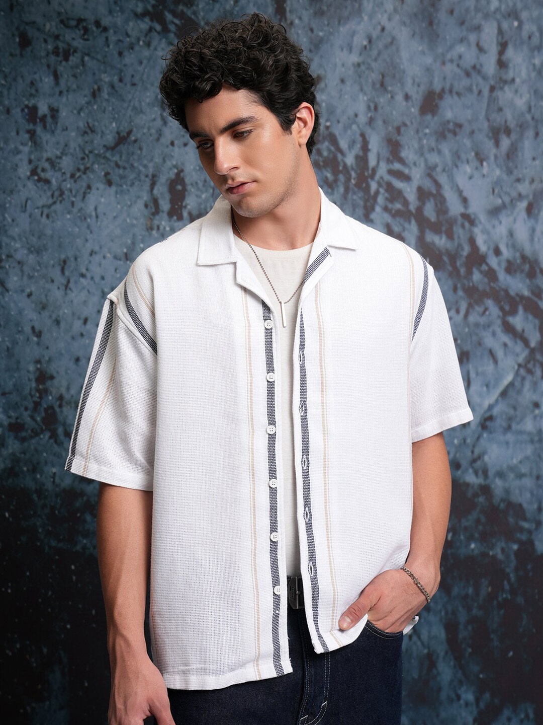 

Locomotive Men White Mock Lino Dobby Textured Striper Camp Collar Oversized Shirt