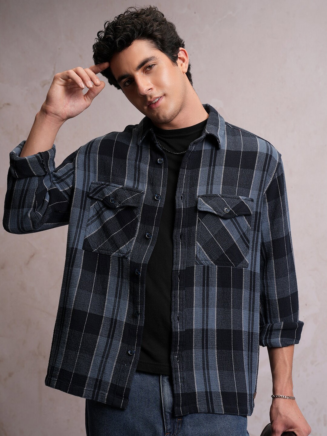 

LOCOMOTIVE Mock Lino Dobby Textured Checked Utility Pocket Overshirt, Navy blue