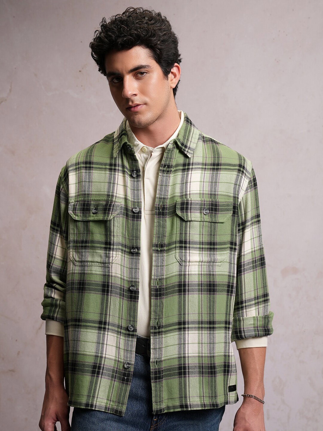 

LOCOMOTIVE Textured Checked Utility Pocket Overshirt, Green