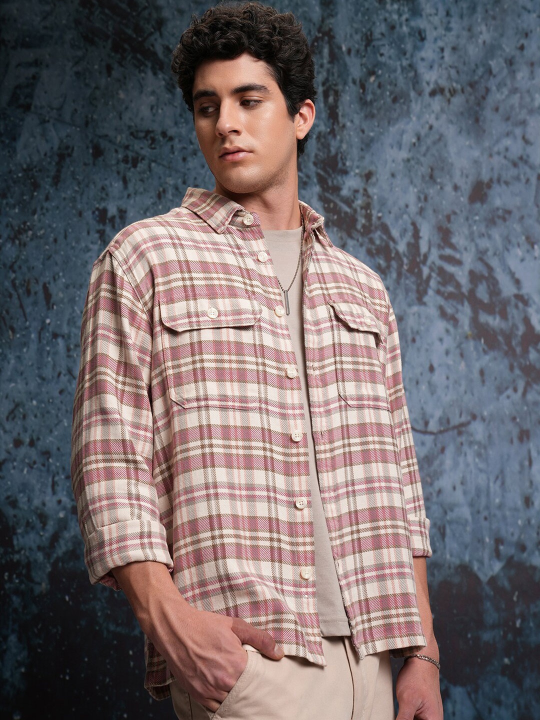 

Locomotive Men Pink Dobby Textured Checked Utility Pocket Overshirt